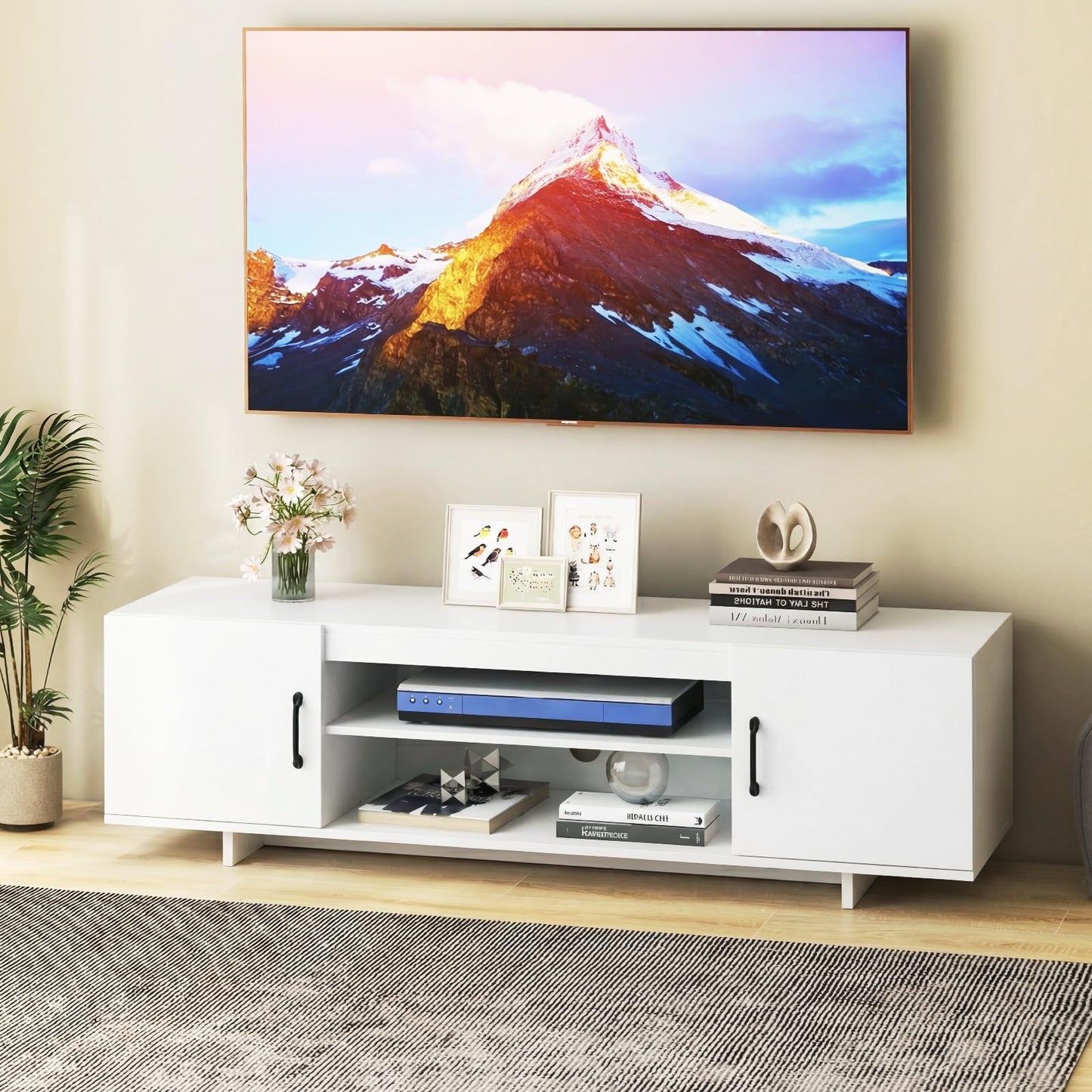 TV Stand for TVs up to 70 Inches with Power Outlet and 2 Cable Holes