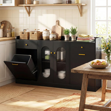 140cm Buffet Sideboard, Tilt Out Trash Can Cabinet with Glass Doors
