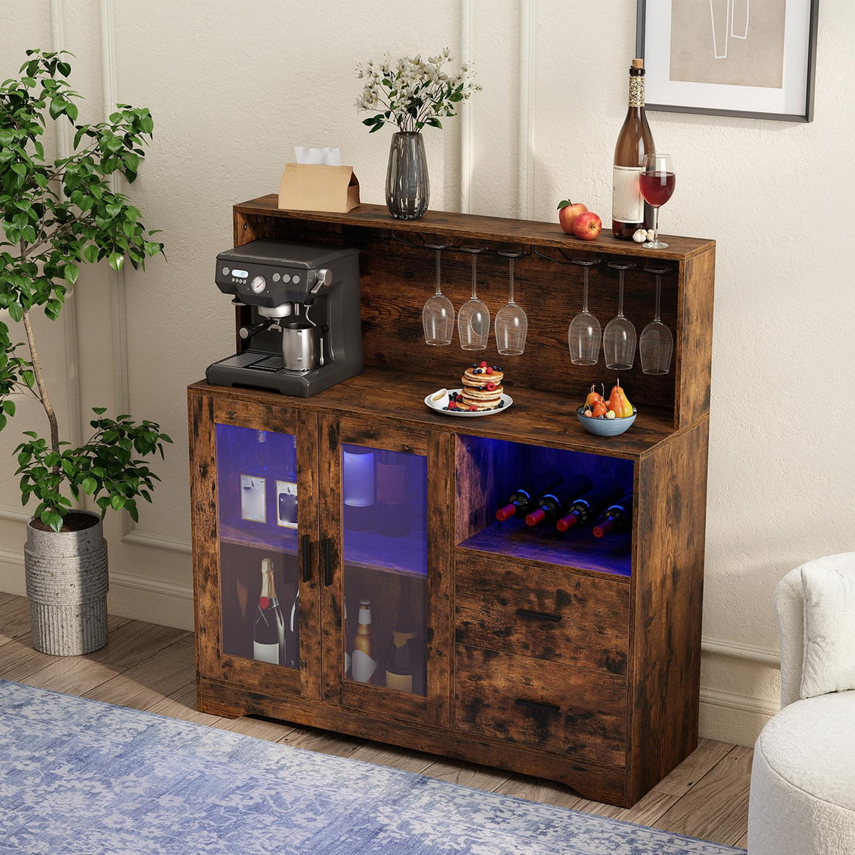 Wine Bar Cabinet with LED Lights & Charging Station