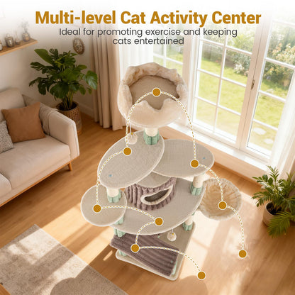 Cat Tree, 163cm Tall Modern Cats Tower with Plush Perch, 2 Condos, Basket Bed
