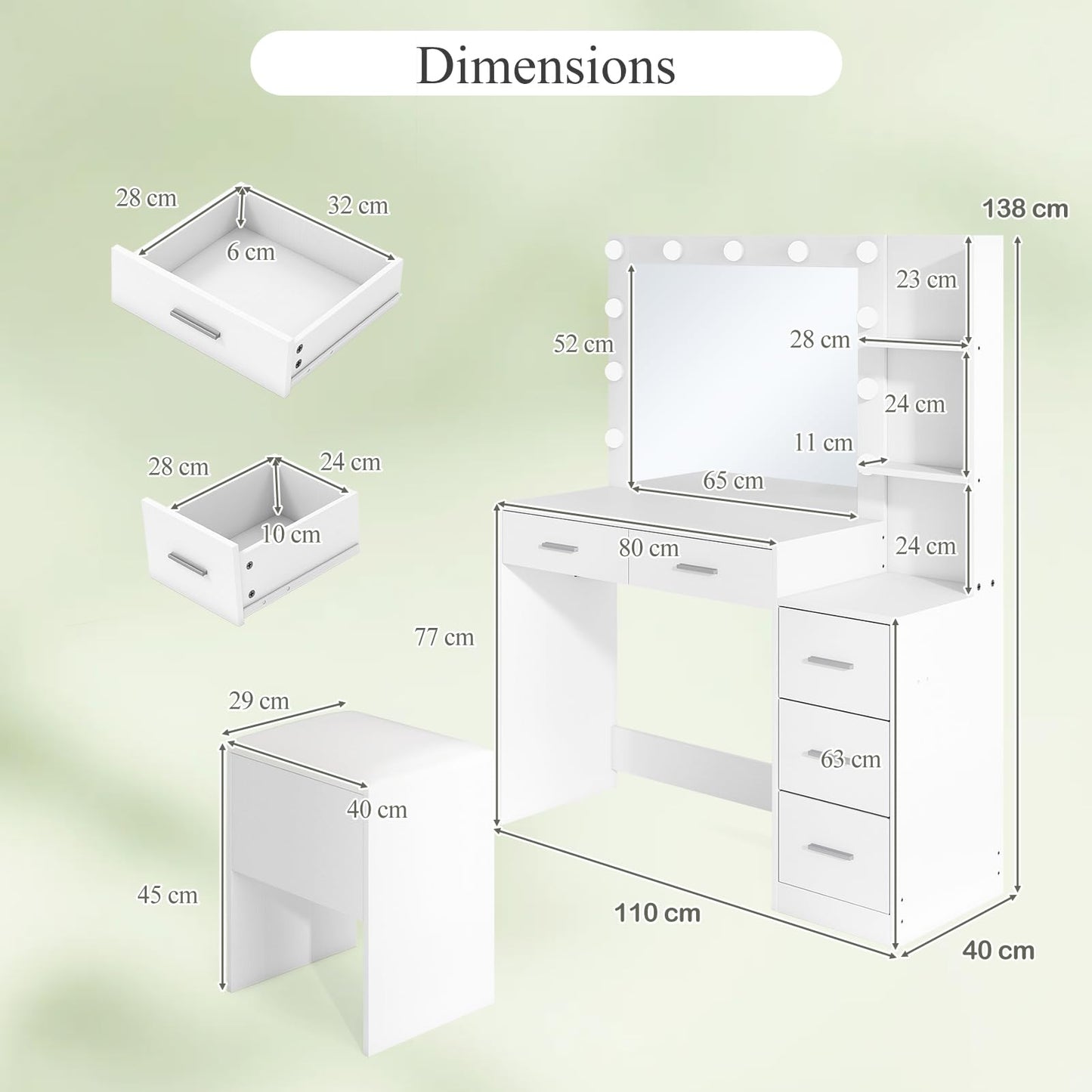 Dressing Table with Large LED Mirror and Storage Stool