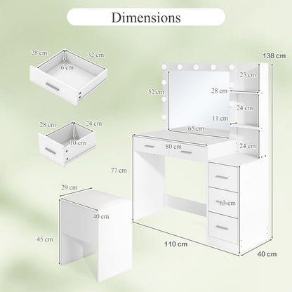Dressing Table with Large LED Mirror and Storage Stool