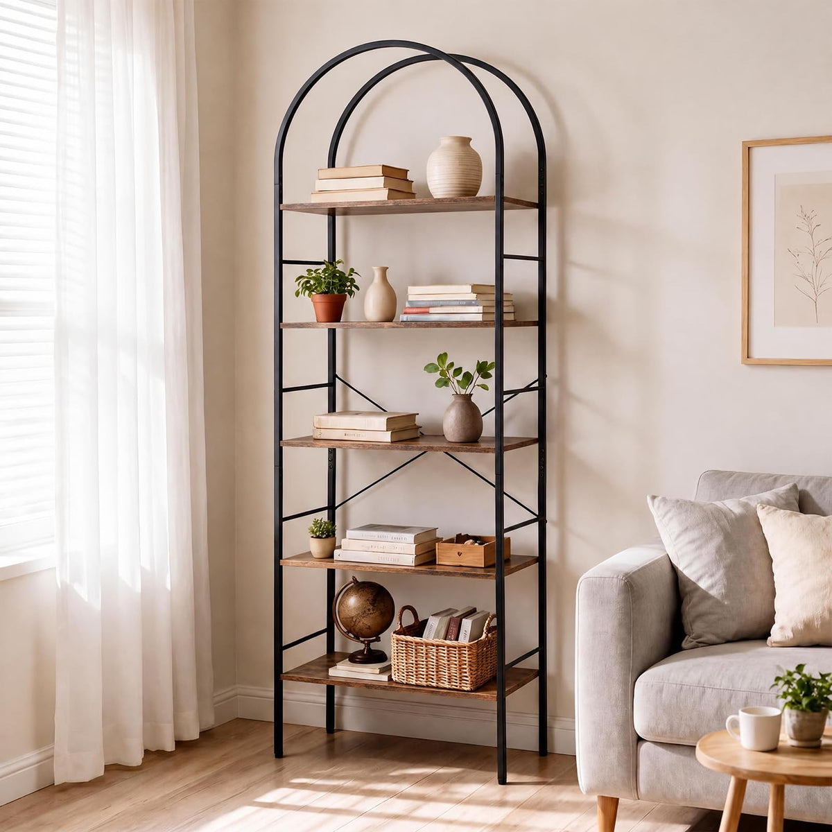 5-Tier Arched Bookshelf, Metal Frame Bookcase Shelving Unit, Freestanding Display Storage Organizer