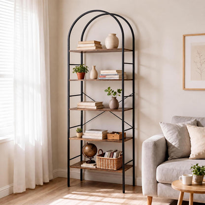 5-Tier Arched Bookshelf, Metal Frame Bookcase Shelving Unit, Freestanding Display Storage Organizer