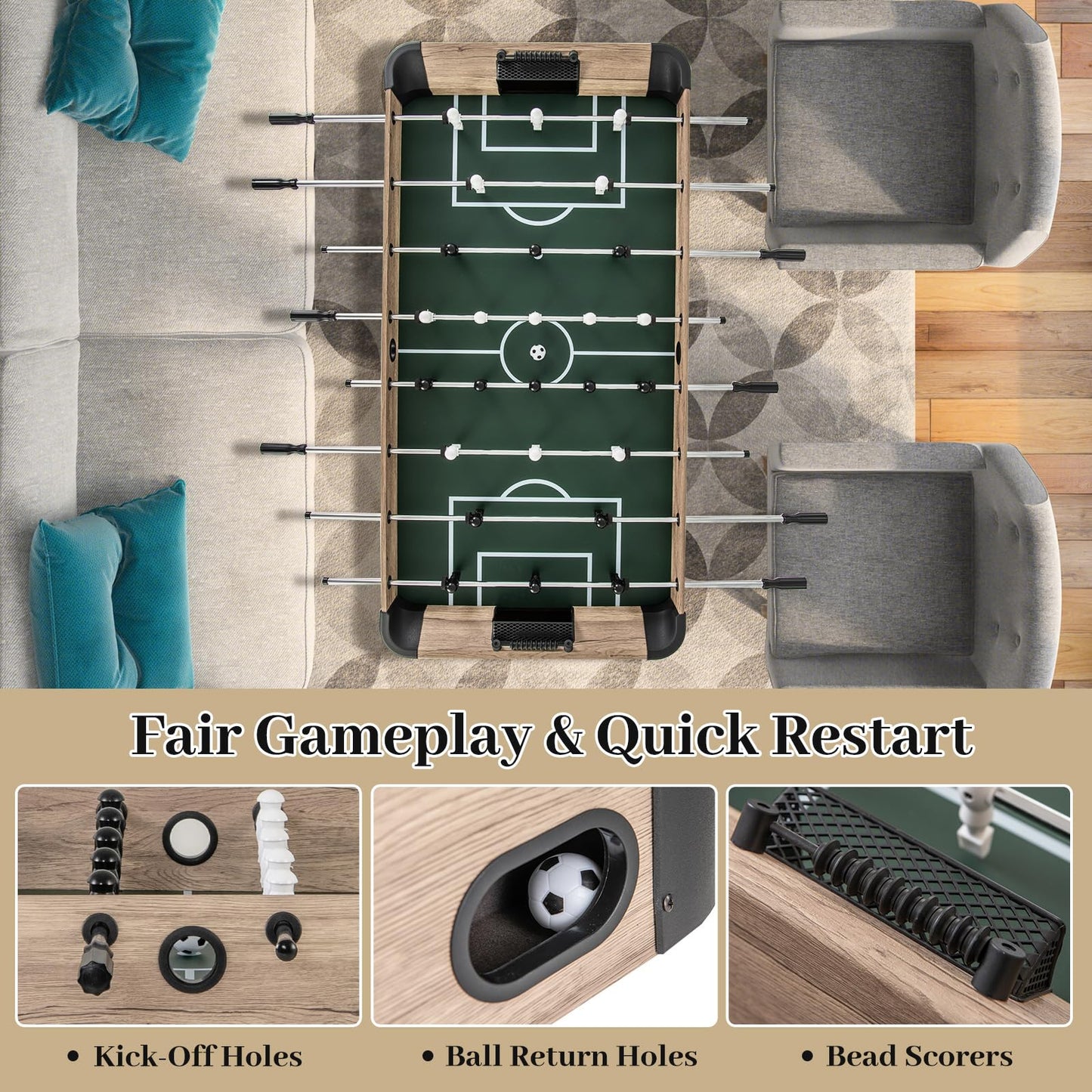 137cm Foosball Table Arcade Soccer Game Table with 2 Balls and 26 Players