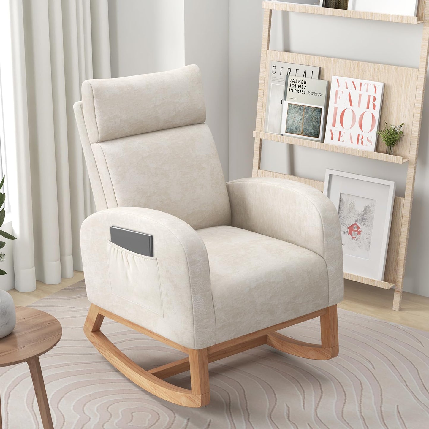 Upholstered Chenille Nursery Rocking Chair with Rubber Wood Frame