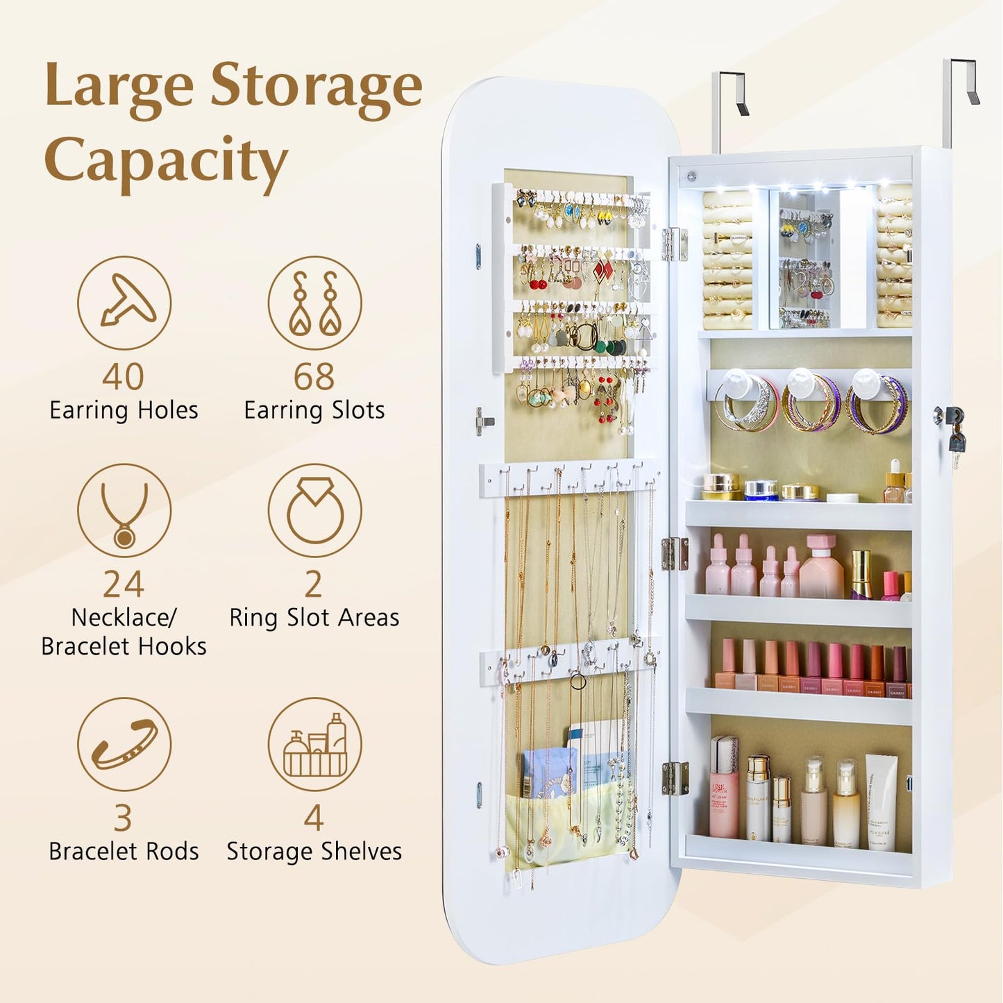 Lockable Jewelry Cabinet with Full-Length Mirror and Storage Shelves
