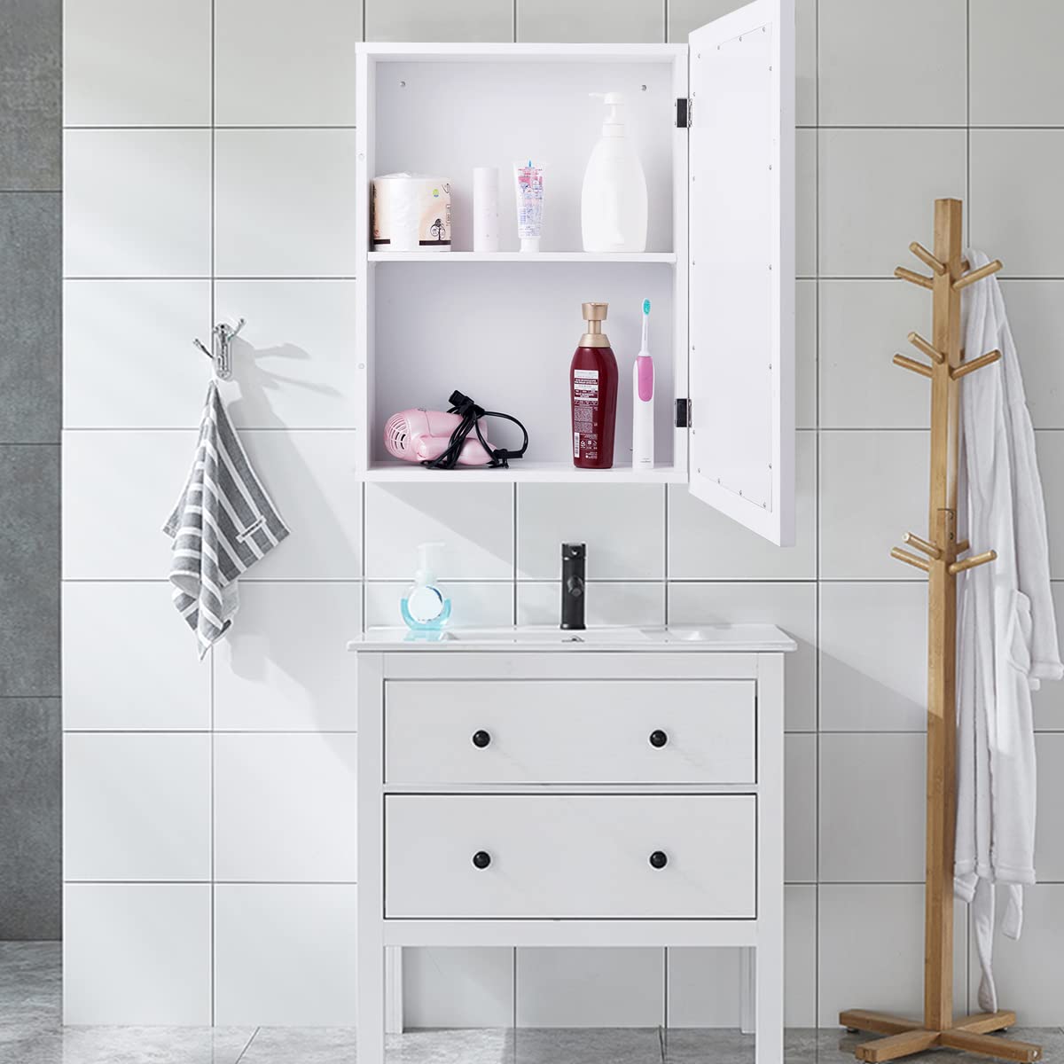Adjustable Wall Mounted Storage Cupboard with Mirror for Bathroom