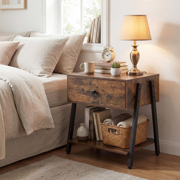 Bedside Table with Drawer, Industrial Nightstand End Sofa Side Table with Open Storage Shelf