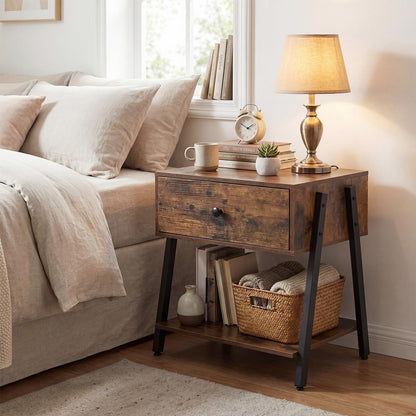 Bedside Table with Drawer, Industrial Nightstand End Sofa Side Table with Open Storage Shelf