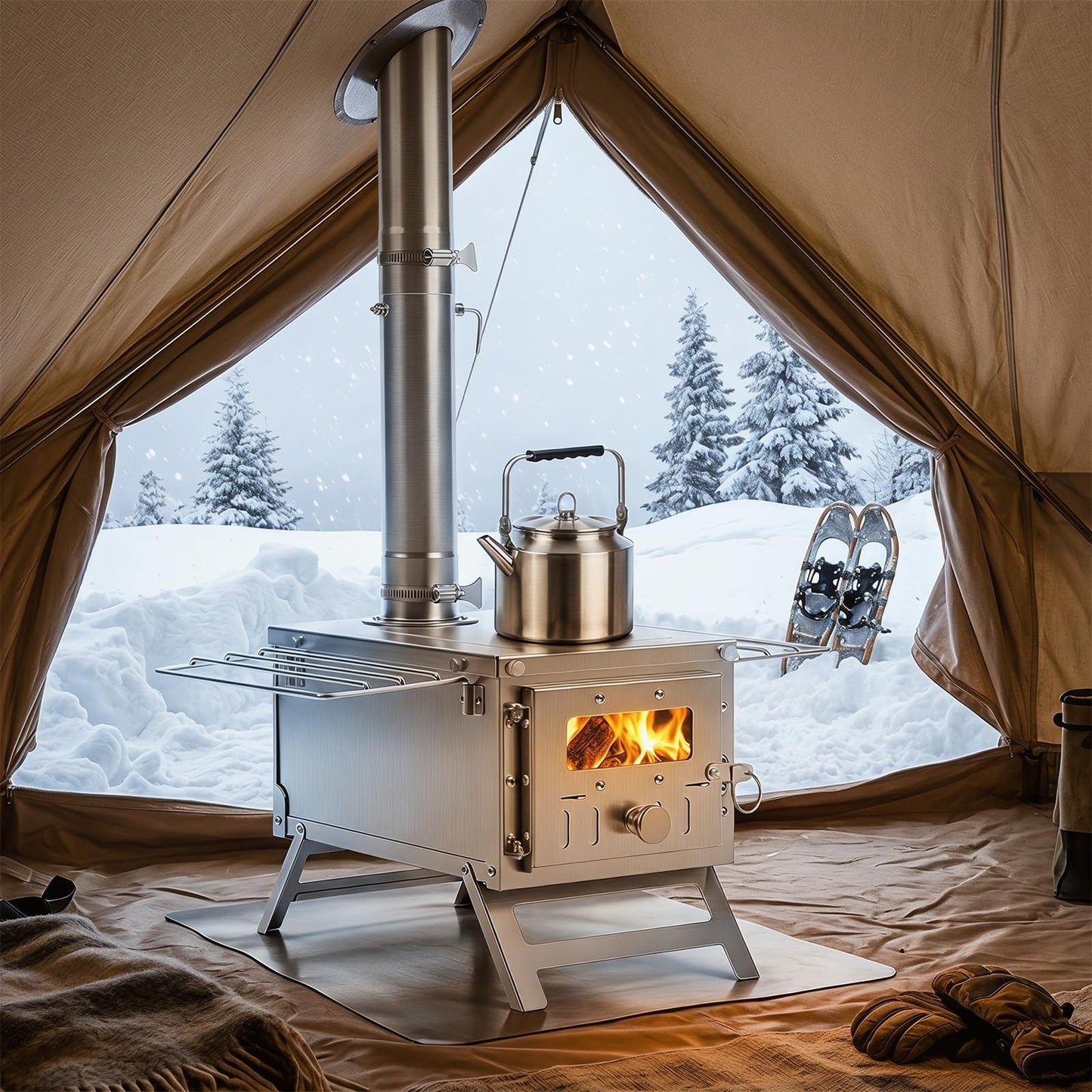 Hot Tent Stove, Camping Tent Stove (Silver, 45 x 37 x 219cm) | Stainless Steel Wood Burning Stove