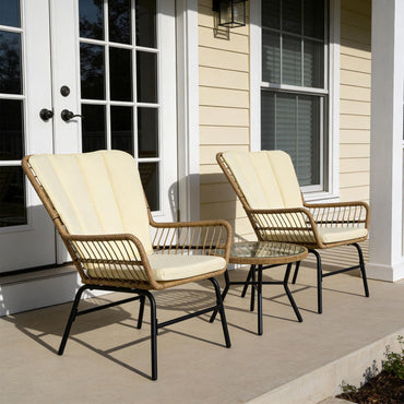 3 Pieces Patio Bistro Set Outdoor PE Wicker Conversation Set with Tempered Glass Coffee Table
