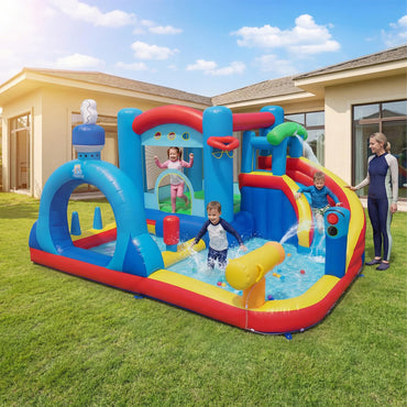 Inflatable Water Park, Kids Bouncy Castle with Splash Pool, Water Cannon
