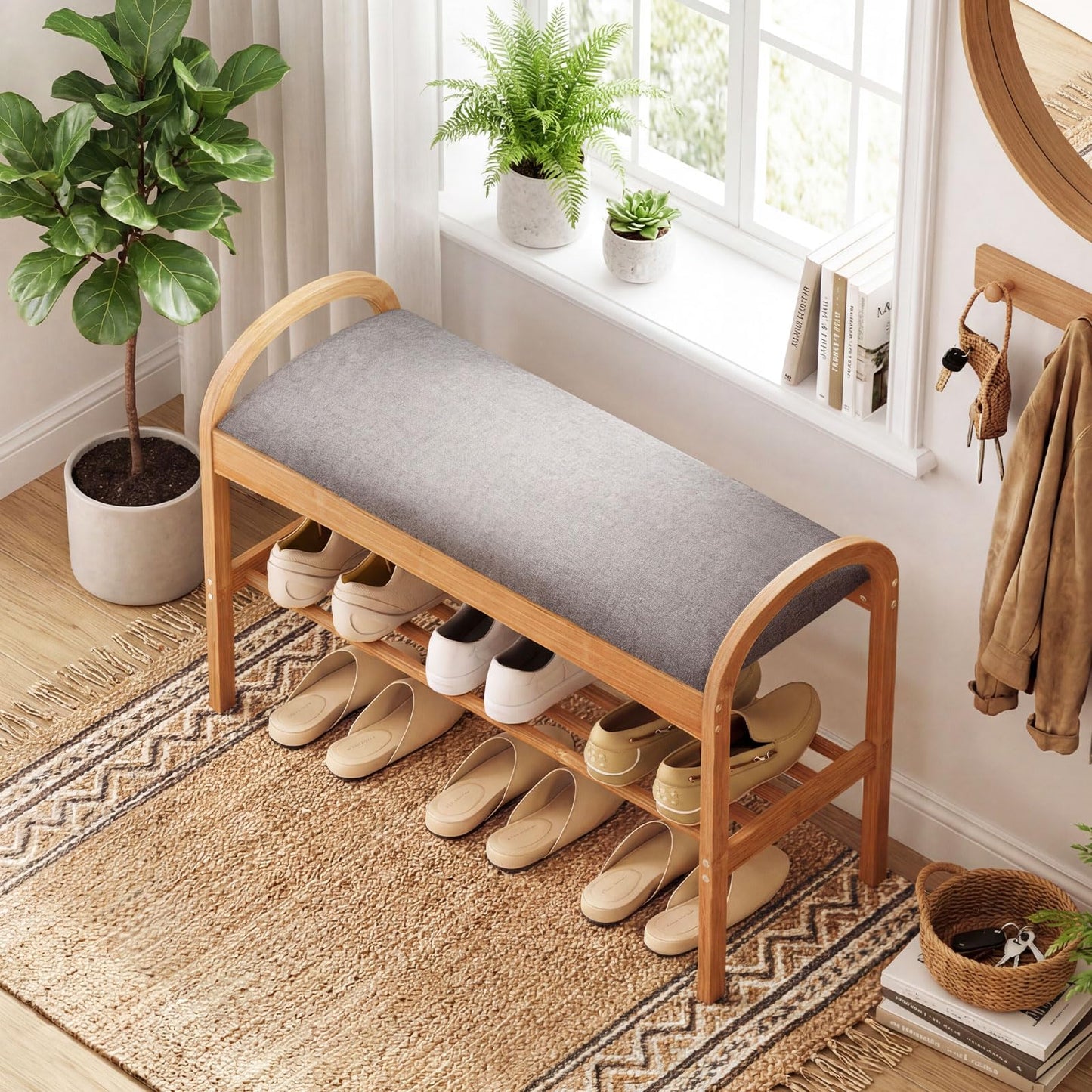 Bamboo Shoe Bench, 2-Tier Shoe Rack Organiser with Padded Seat Cushion and Shelf