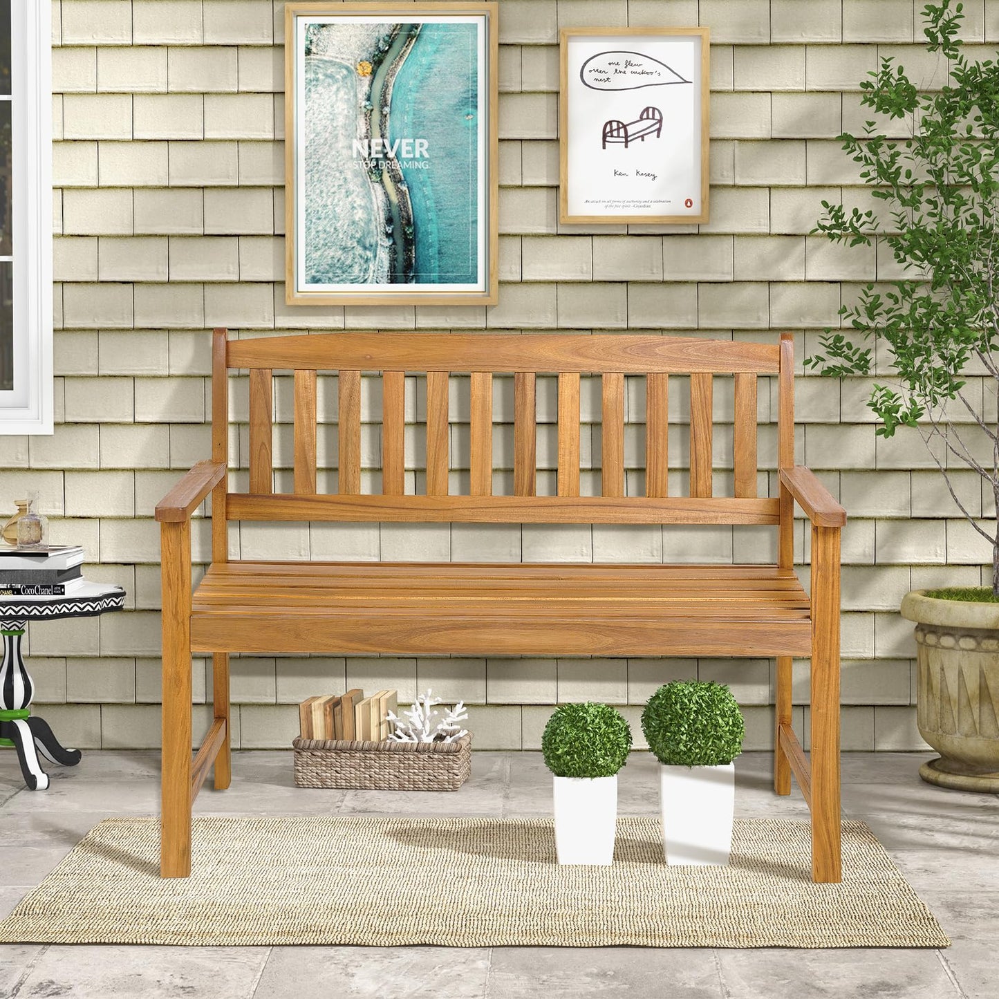 2-Person All-Weather Acacia Wood Patio Loveseat Park Bench Chair