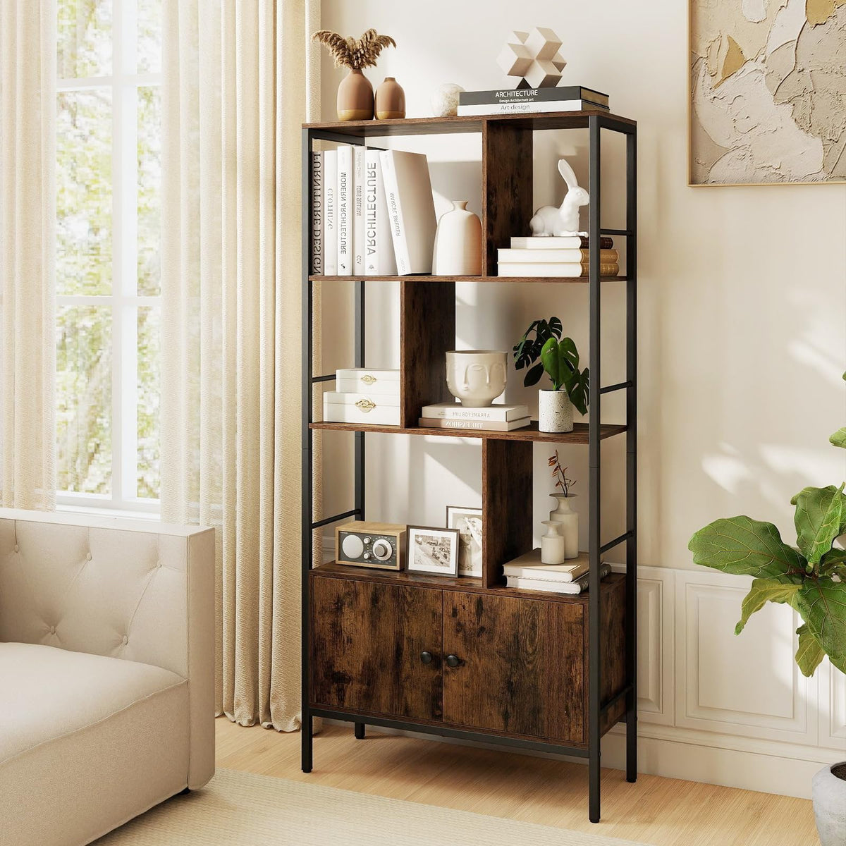 Modern Bookcase with Steel Frame 3-Tier Shelves and 2-Door Cabinet for Living Room