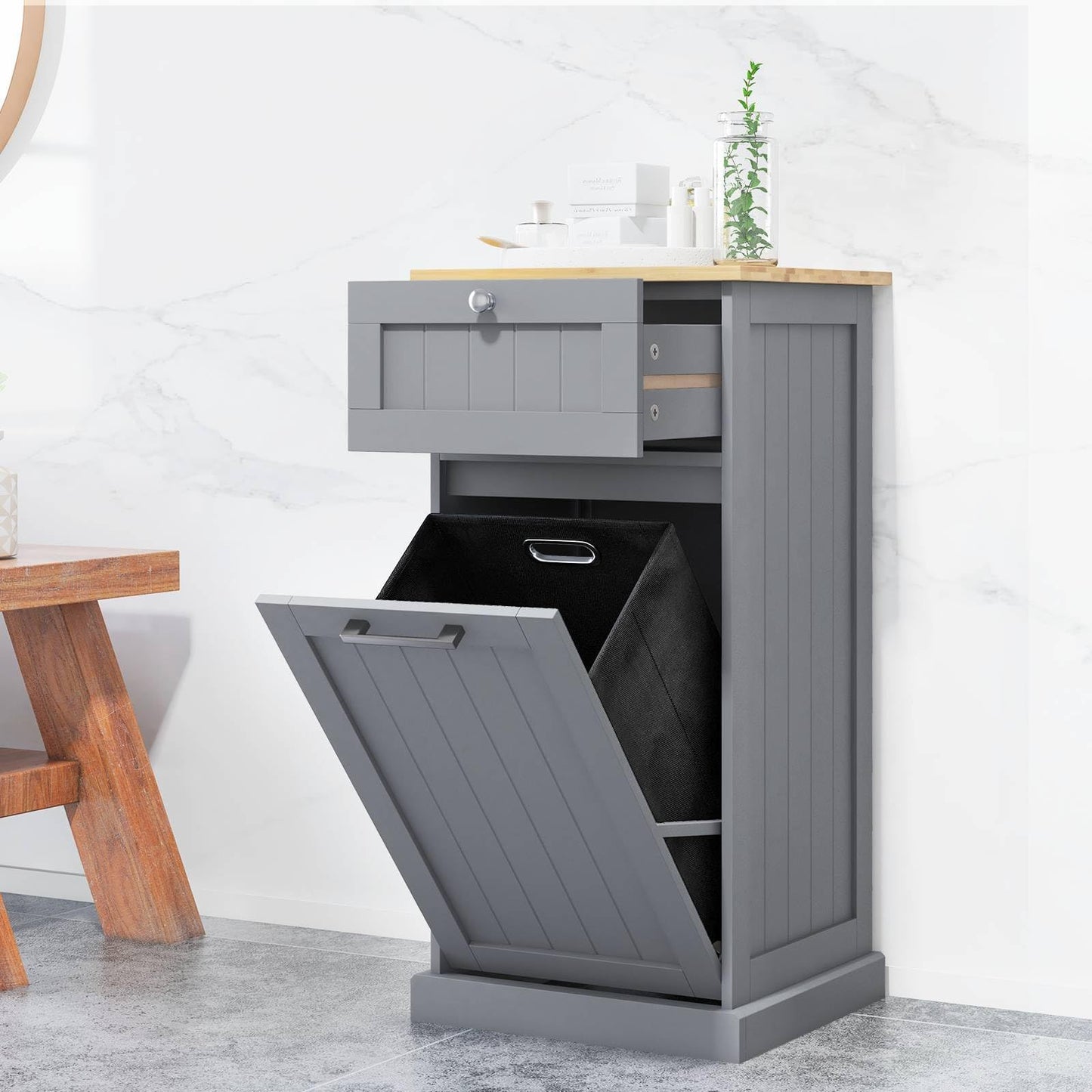 Laundry Cabinet with Basket Freestanding Tilt Out Laundry Hamper with Drawer