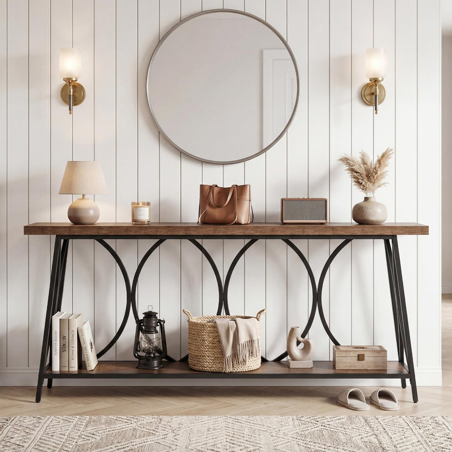 2-Tier Console Table, 180cm Long Industrial Narrow Entryway Table