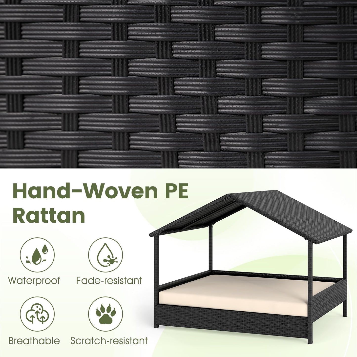 Wicker Dog Bed, Raised Rattan Dogs House with Canopy, Removable Cushion