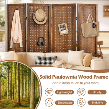 4 Panel Folding Room Divider with Pegboard Display  Wooden Wall Privacy Screen Protector