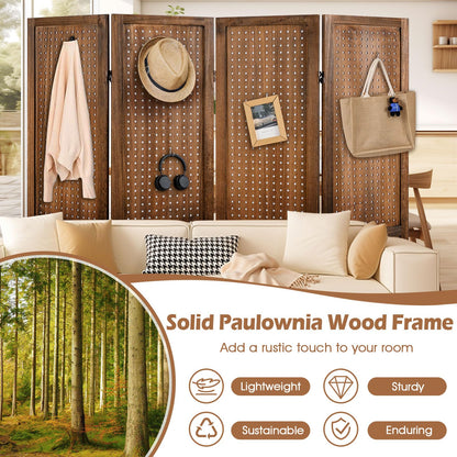 4 Panel Folding Room Divider with Pegboard Display  Wooden Wall Privacy Screen Protector