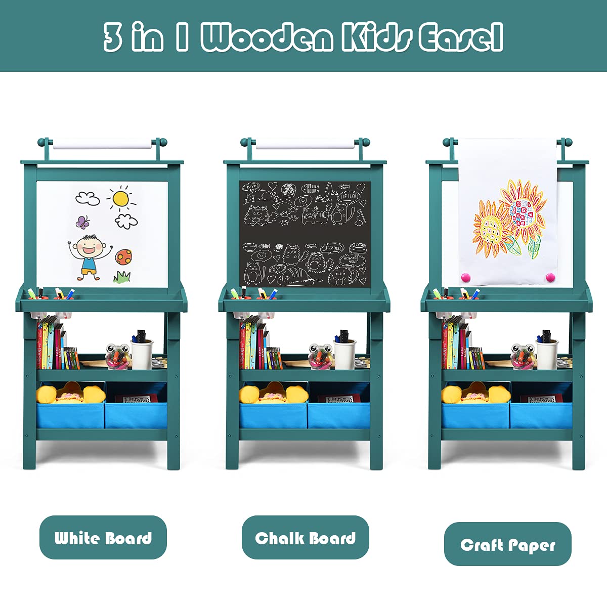 Double Sided Blackboard and Magnetic Whiteboard Easels with Paper Roll