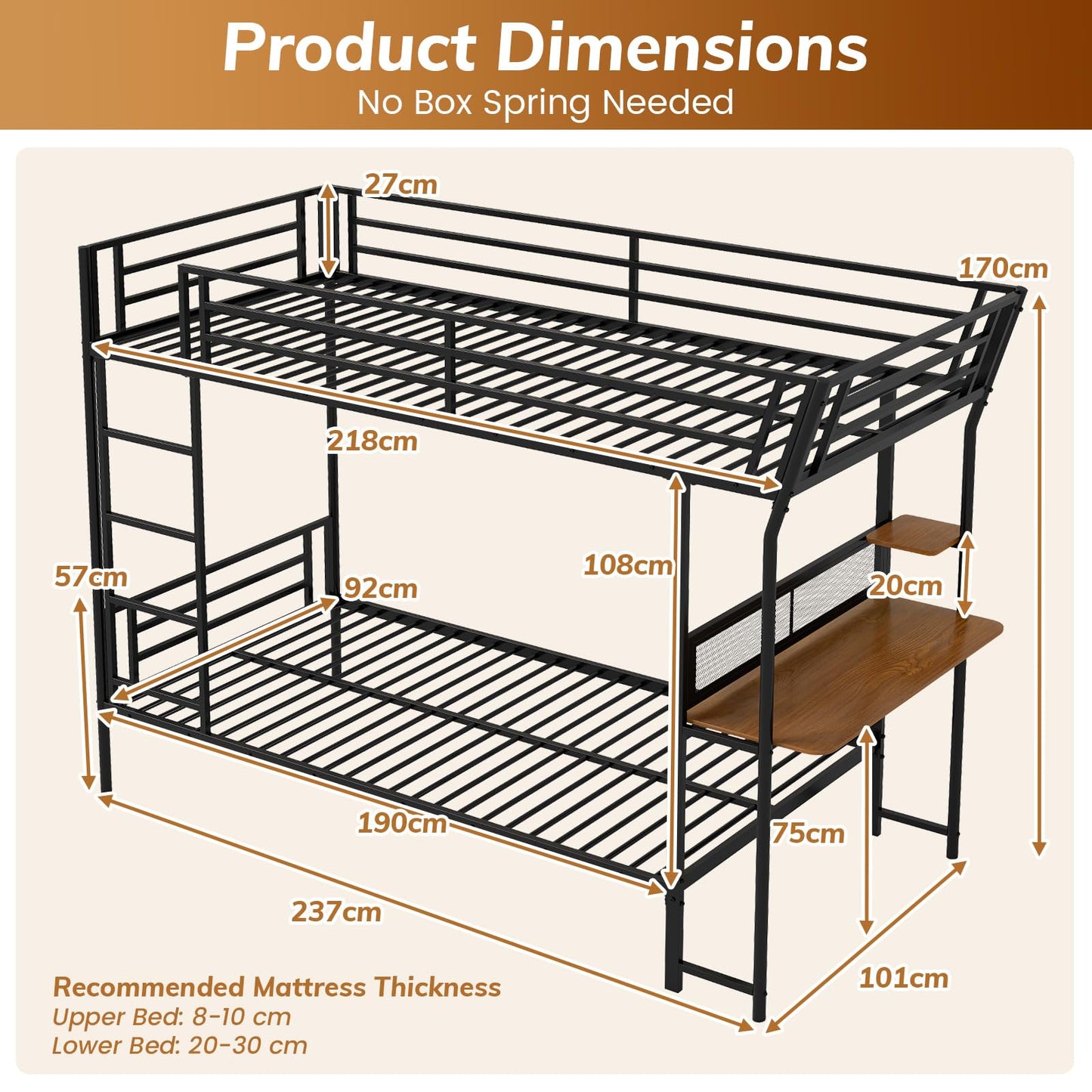 Bunk Bed with Desk Loft Bed with Wooden Tabletop and Shelf