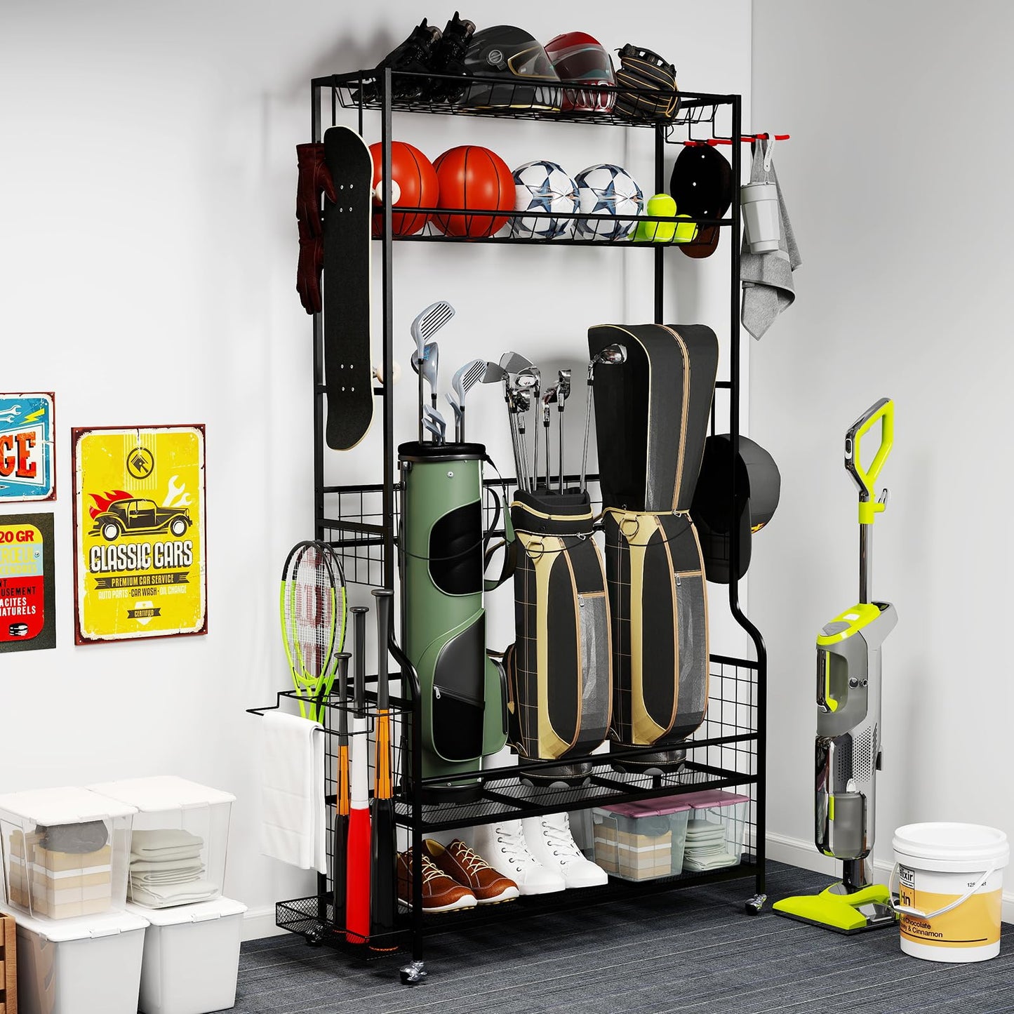 3 Golf Bags Storage Garage Organizer with Wheels 4 Hooks