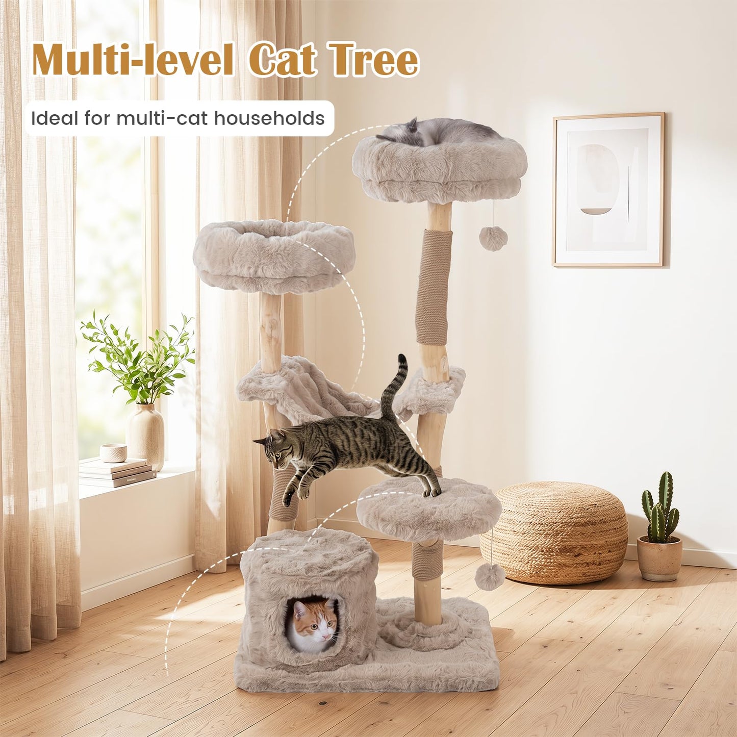 147cm Cat Tree Tower with Cat Cave with Sisal Scratching Poles and 2 Plush Play Balls for Indoor Cats