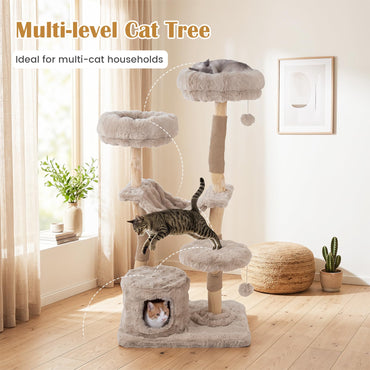 147cm Cat Tree Tower with Cat Cave with Sisal Scratching Poles and 2 Plush Play Balls for Indoor Cats
