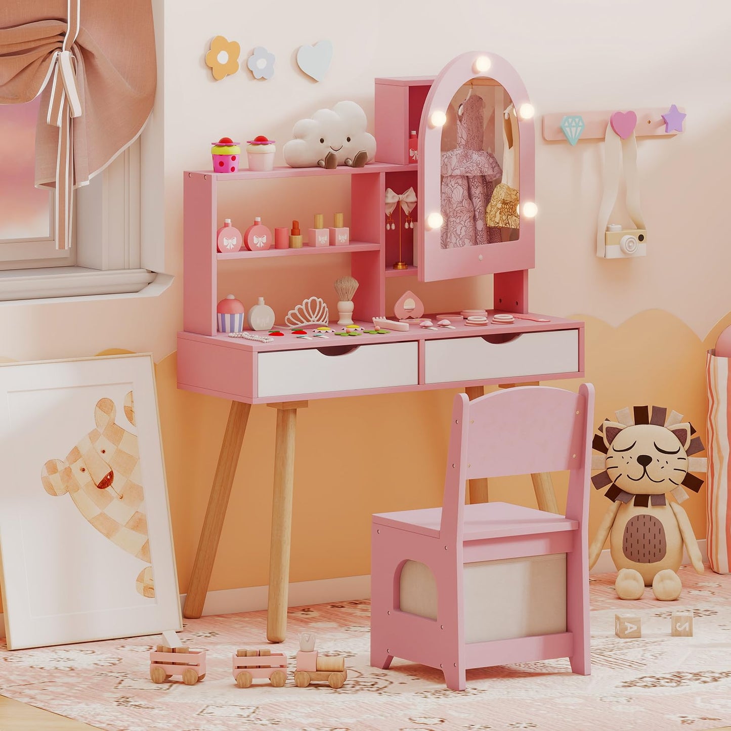 Kids Vanity Set Pretend Play Dressing Table Set with 3-Color Lighting Modes