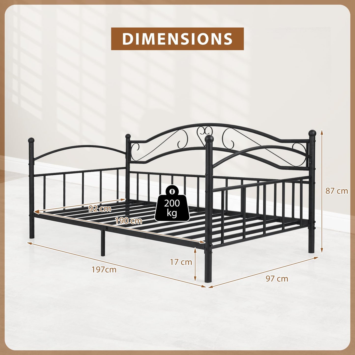 Metal Day Bed Frame, 3FT Single Sofa Bed Base Guest Platform Daybed with Headboard