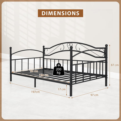 Metal Day Bed Frame, 3FT Single Sofa Bed Base Guest Platform Daybed with Headboard
