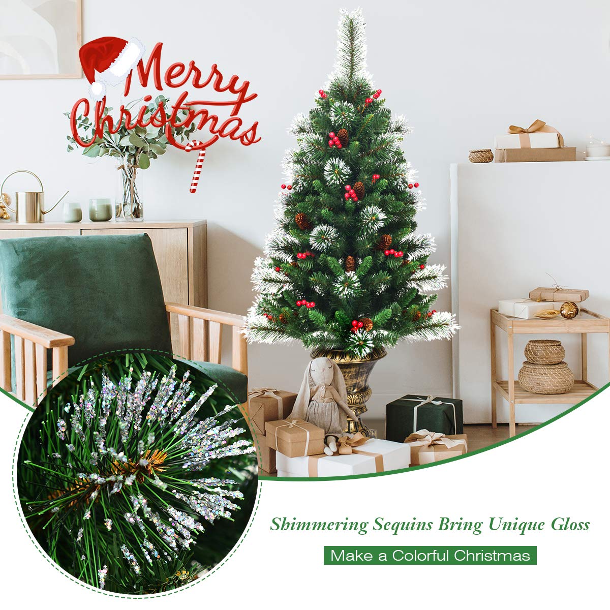 4FT Christmas Tree, Small Artificial Xmas Trees with Pine Cones and Base