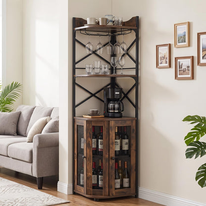 Corner Bar Cabinet with LED Lights Power Outlet and Glass Holder Storage Shelves
