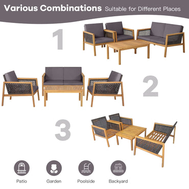 4 PCS Acacia Wood Rattan Patio Conversation Set with Loveseat and Coffee Table