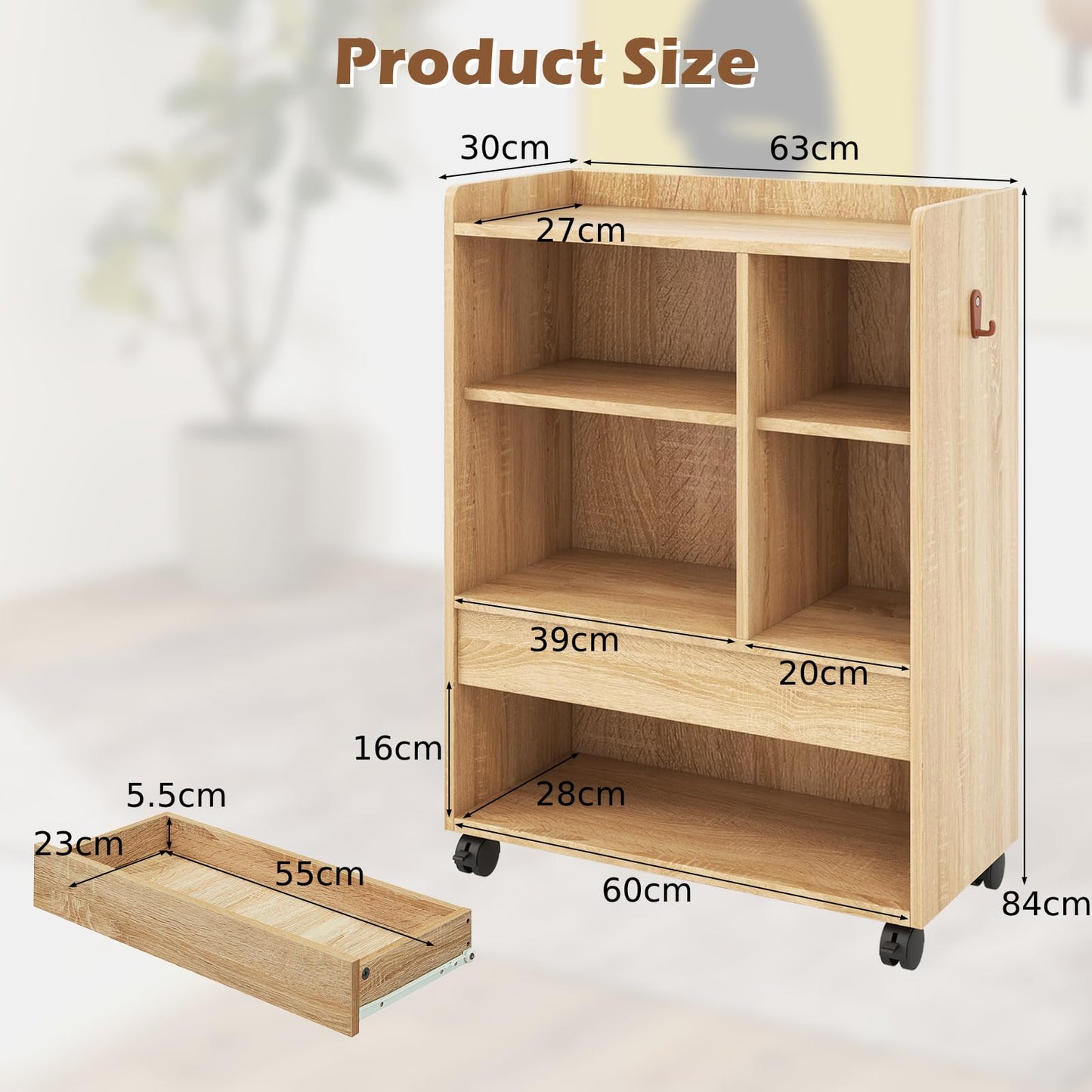 Mobile Storage Cabinet with Drawer and Adjustable Shelves