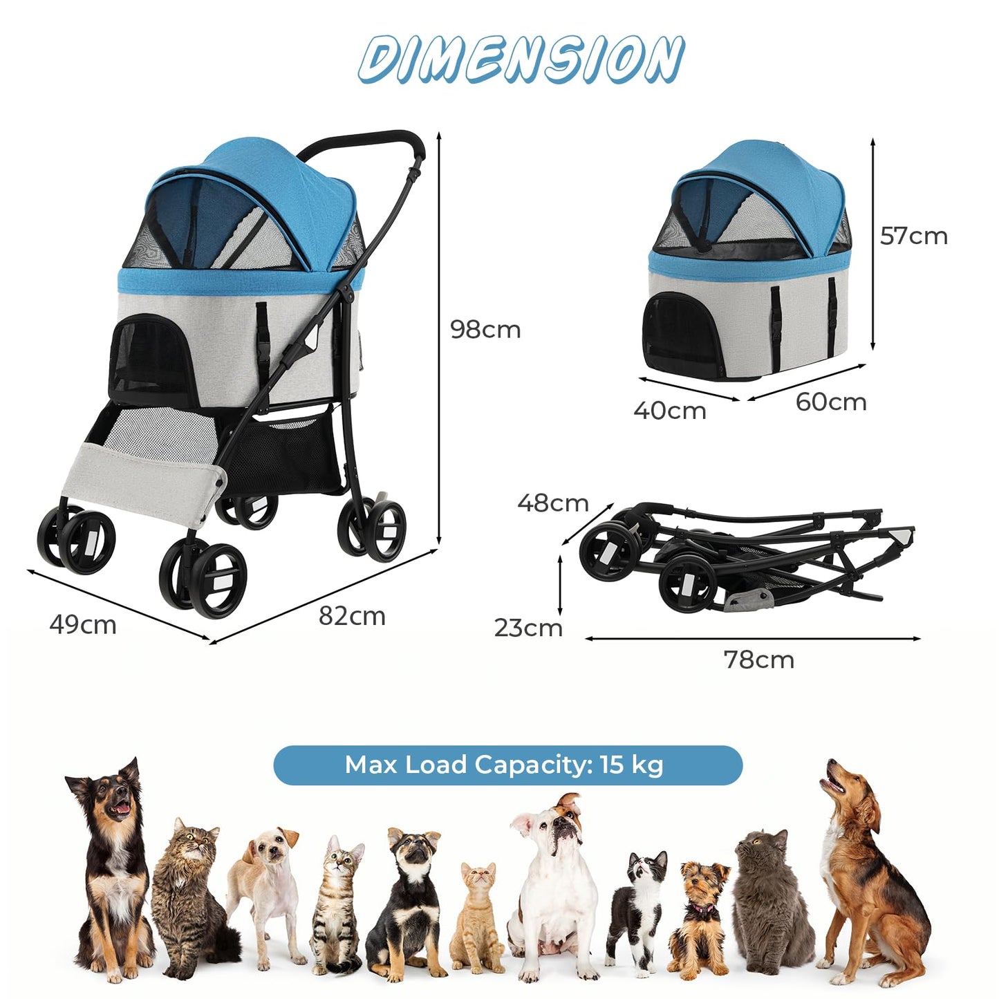 Foldable Pet Stroller with 4-Level Adjustable Canopy and Storage Basket