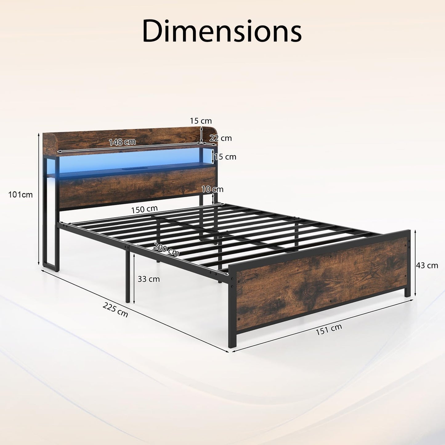 5FT King Size Bed Frame with RGB LED Lights, Charging Station