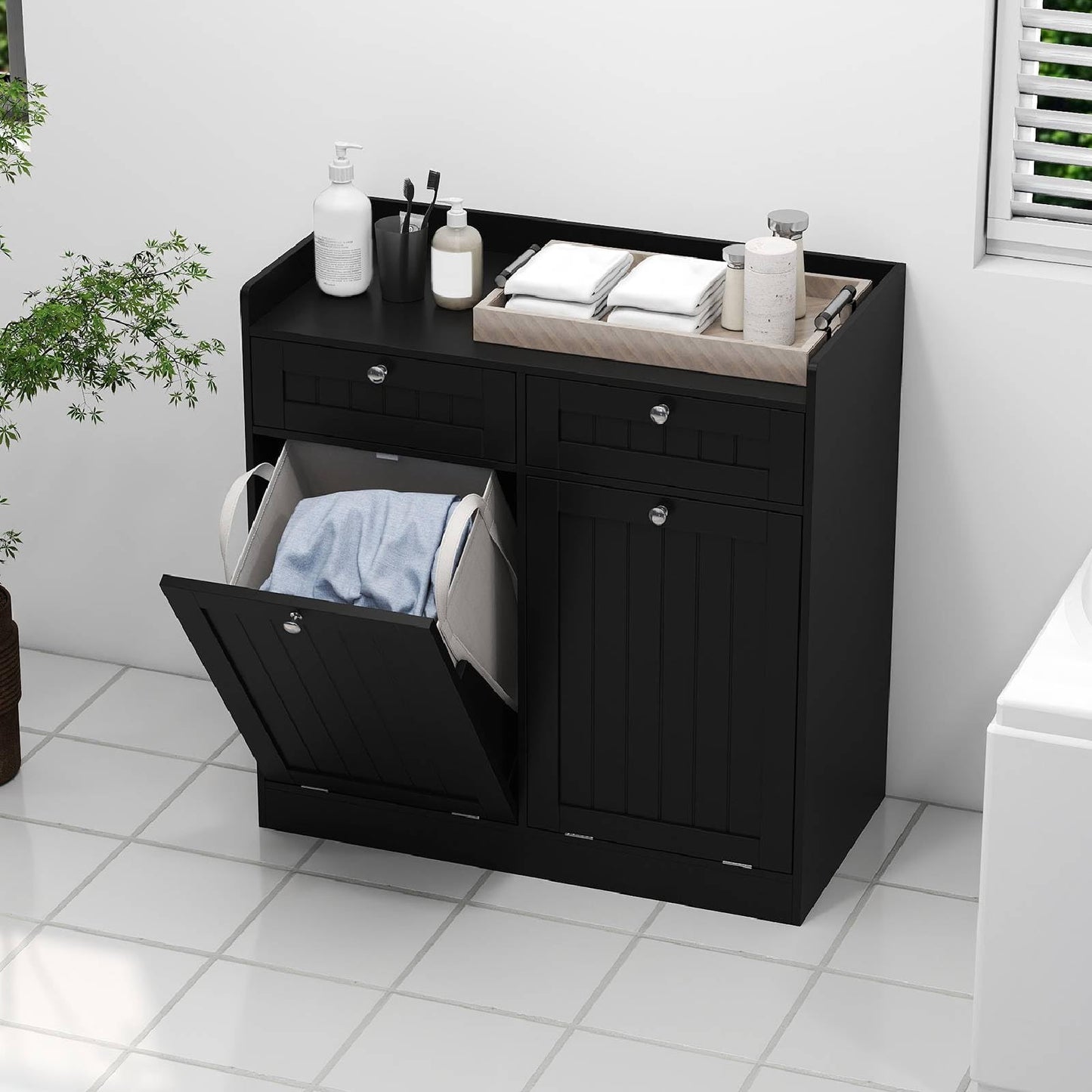 Double Tilt-Out Laundry Hamper Cabinet with Removable Baskets