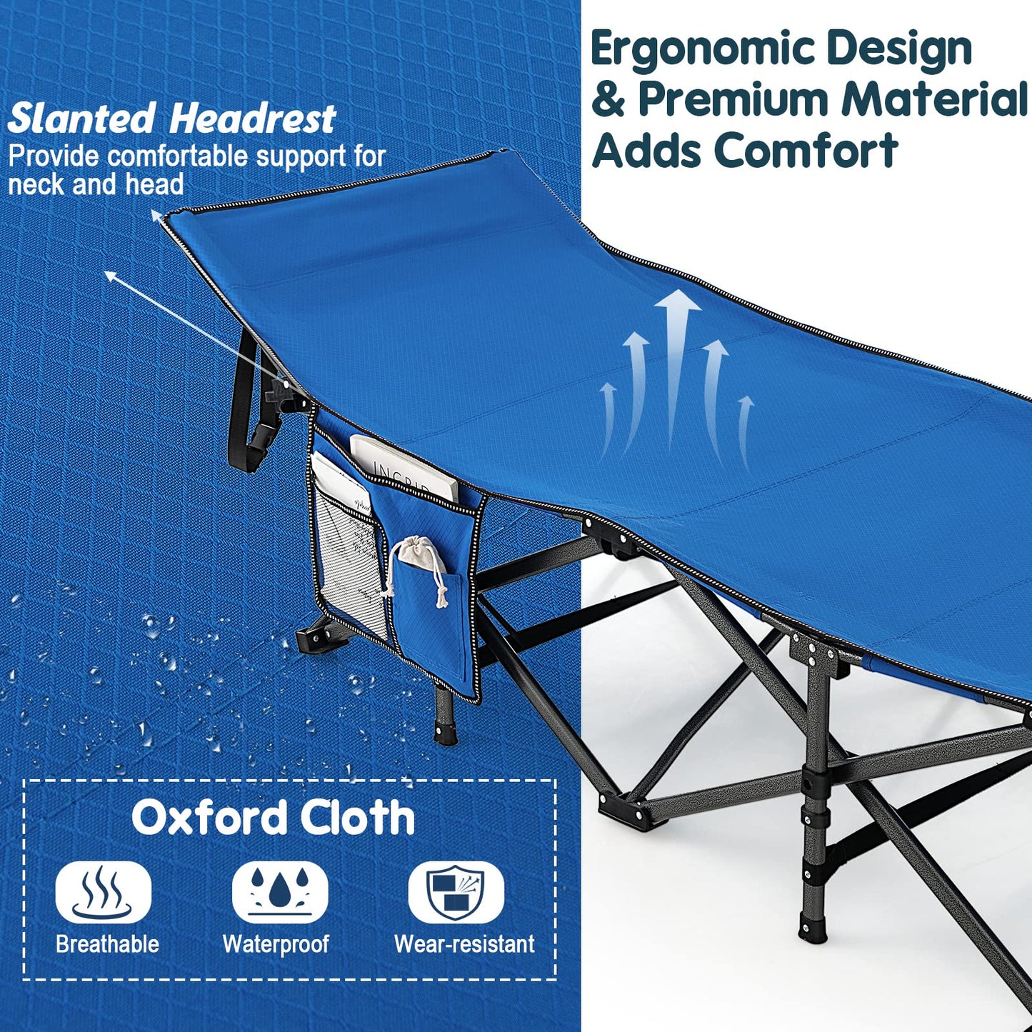 28" Extra Wide Portable Camping Bed Cot with Side Pocket & Carry Bag