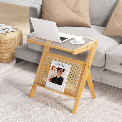 Bamboo Accent Bedside Table with Tempered Glass Top