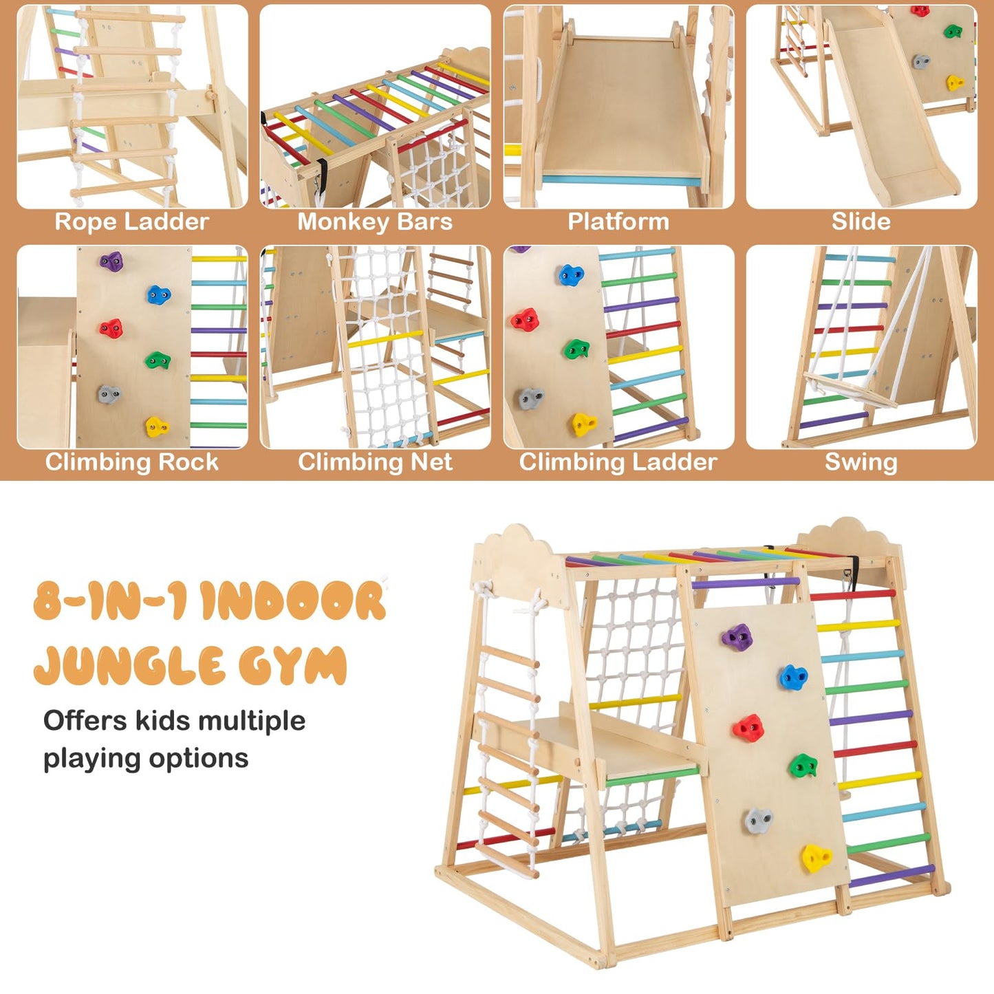 8-in-1 Indoor Jungle Gym for Kids Wooden Montessori Climbing Toys