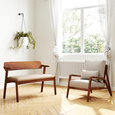 2 Seat Rubber Wood Bench with Padded Seat and Ergonomic Backrest