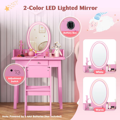 Kids Vanity Set Makeup Beauty Dressing Table and Chair with Lighted Mirror