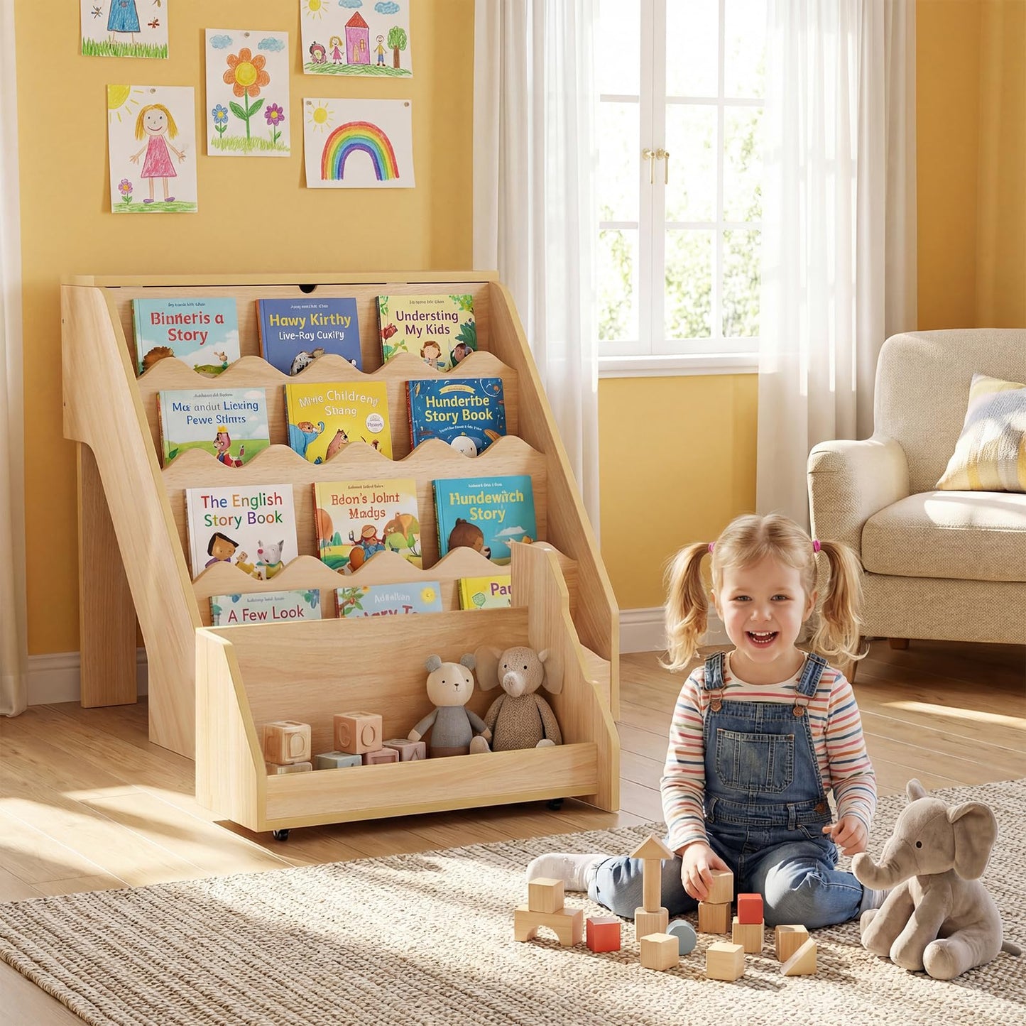 Kids Bookshelf, Wooden Toddler Book Toy Storage Organizer