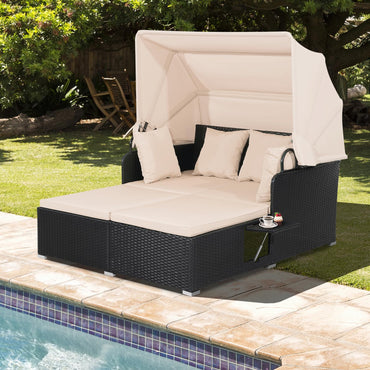 Garden Rattan Daybed with Retractable Canopy and Cushions