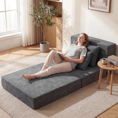 Folding Sofa Bed, 3-in-1 Convertible Sleeper Chair Futon Couch Bed with 2 Pillows