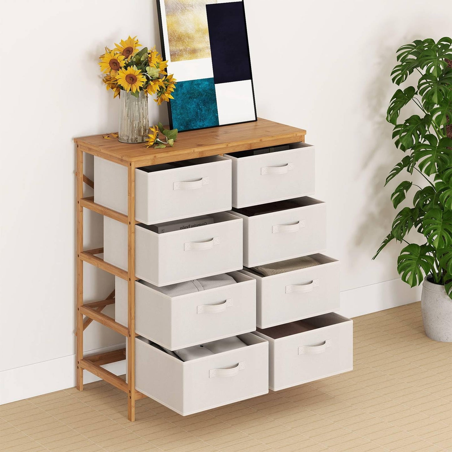 Bamboo Storage Tower with Foldable Fabric Drawers and Top Shelf