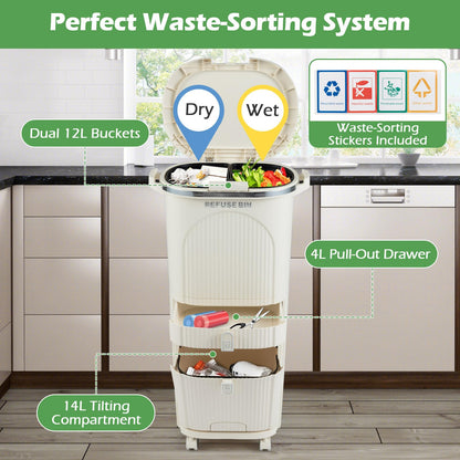 Recycling Bins, 42L Dry and Wet Separation Trash Can with 3 Compartments, Wheels, Stickers & Handl
